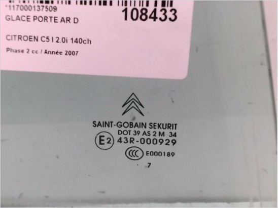 Glace porte ar d occasion CITROEN C5 I Phase 2 - 2.0i 140ch